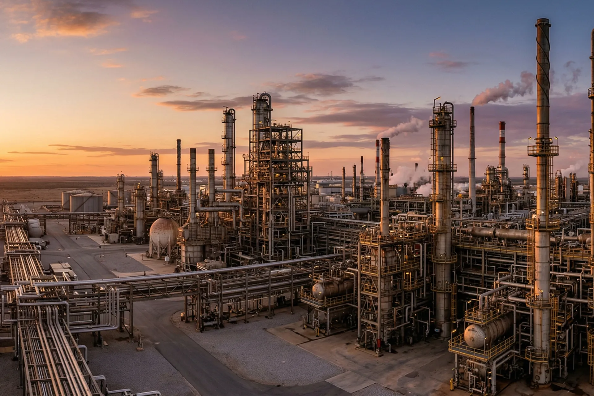 Aerial view of a downstream oil refinery at dusk