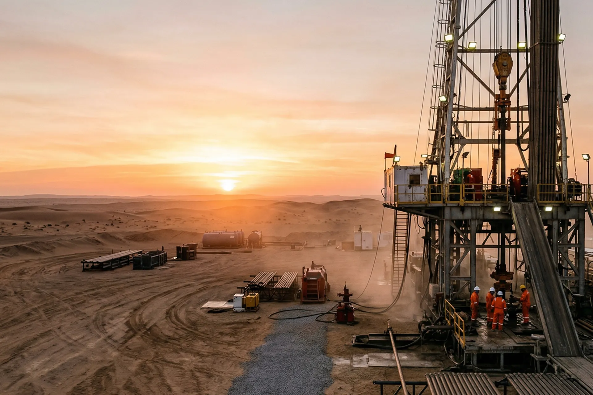 Engineers reviewing operations at an upstream oil and gas facility at night